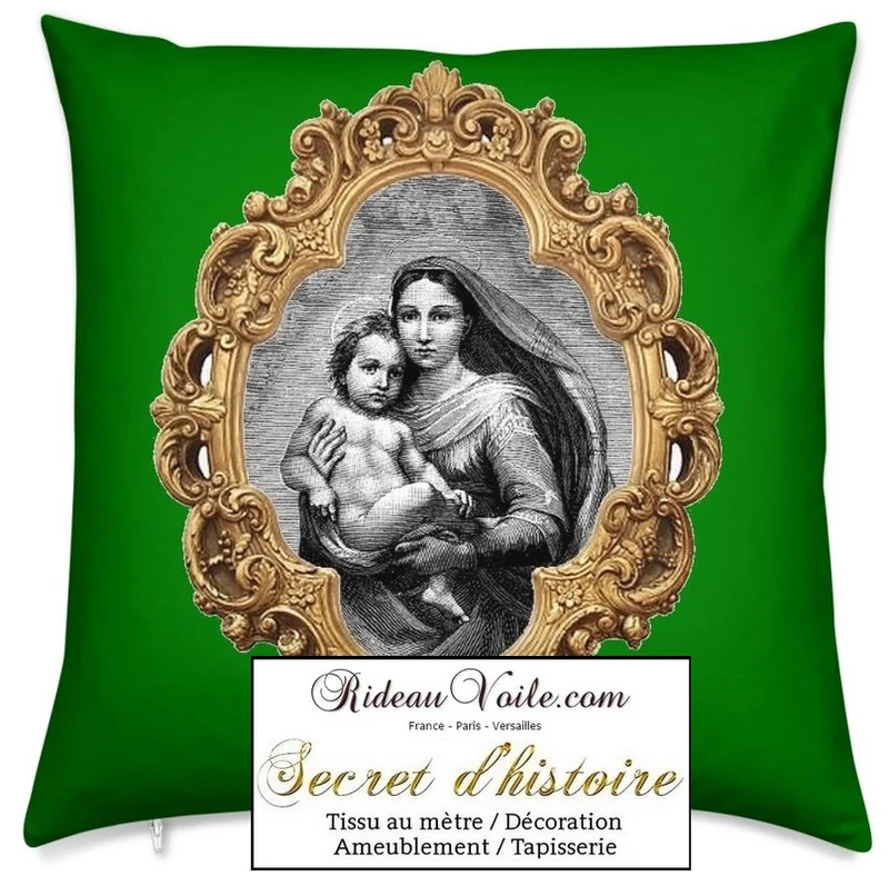 Tissu ornement vert or Baroque liturgique motif La Vierge Marie religieux au mètre