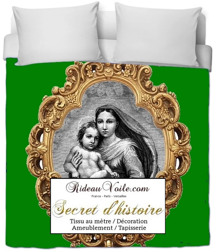 Tissu ornement vert or Baroque liturgique motif La Vierge Marie religieux au mètre