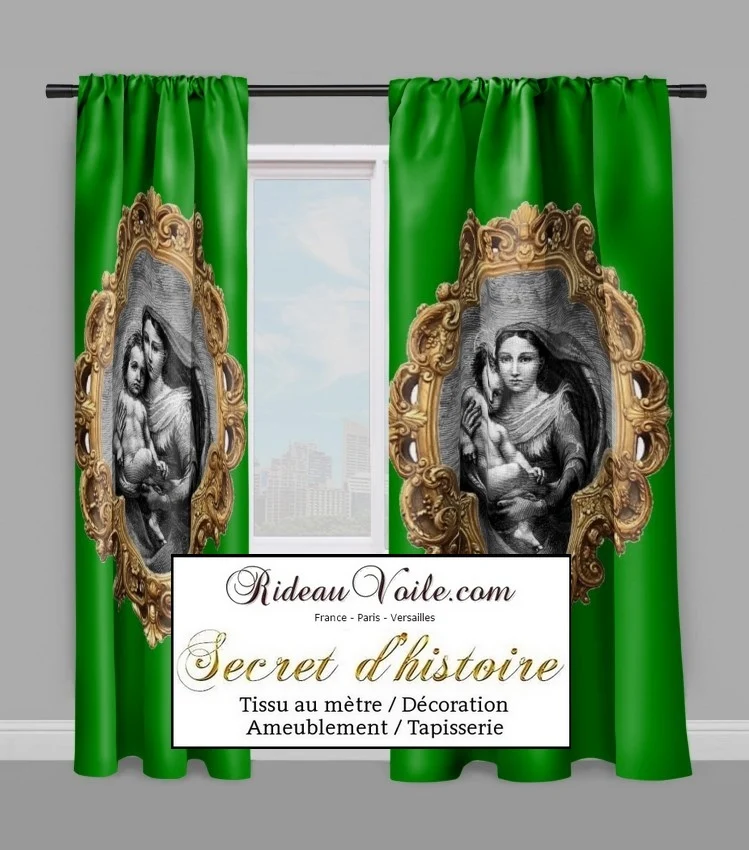 Tissu ornement vert or Baroque liturgique motif La Vierge Marie religieux au mètre
