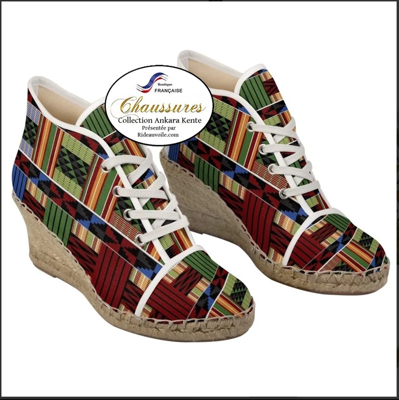 Espadrille chaussure femme talon compensé toile motif Africain Wax Ankara design Kente