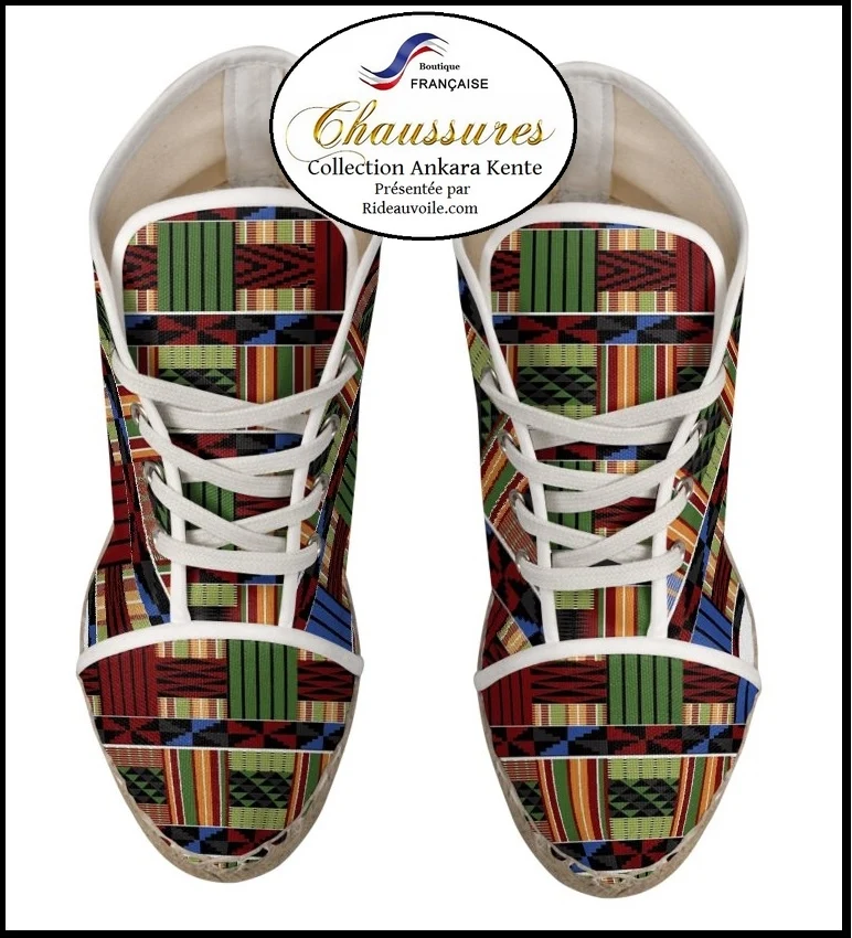 Espadrille chaussure femme talon compensé toile motif Africain Wax Ankara design Kente