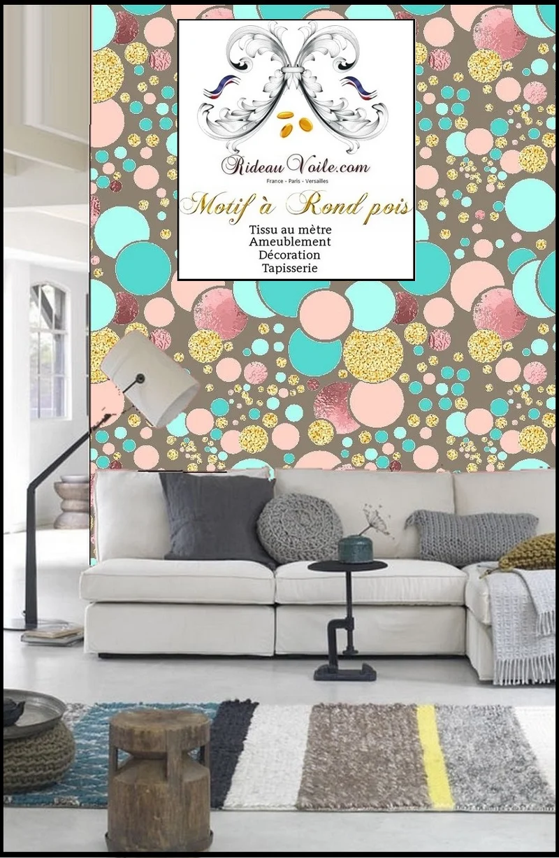 Tissu beige ameublement mètre rideau voilage motif pois cercle pastel or paillette glitter
