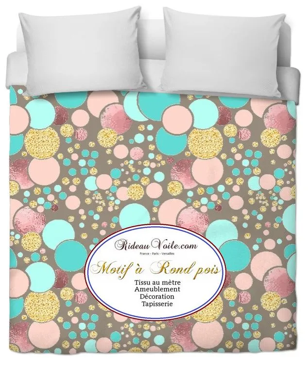 Tissu beige ameublement mètre rideau voilage motif pois cercle pastel or paillette glitter