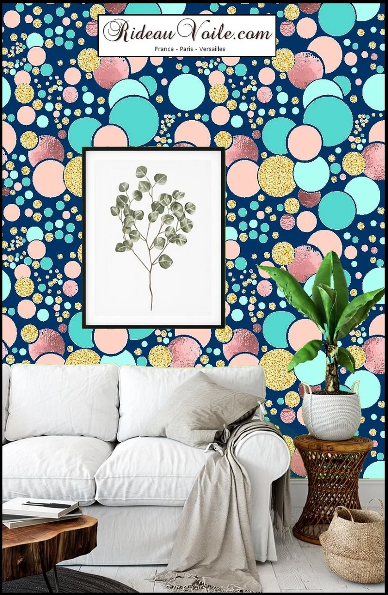 Tissu bleu ameublement mètre rideau voilage motif ballon pois pastel or paillette glitter