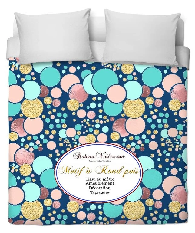 Tissu bleu ameublement mètre rideau voilage motif ballon pois pastel or paillette glitter