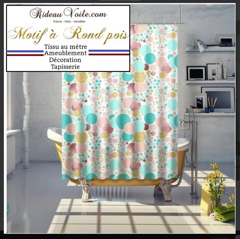 Tissu ameublement mètre rideau voilage motif ballon pois pastel or paillettes