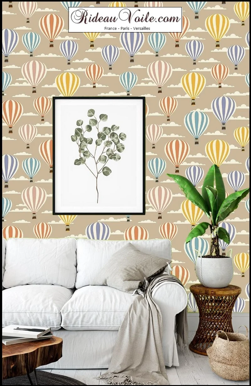 Tissu beige ameublement tapisserie mètre rideau voilage motif ballon montgolfière coton