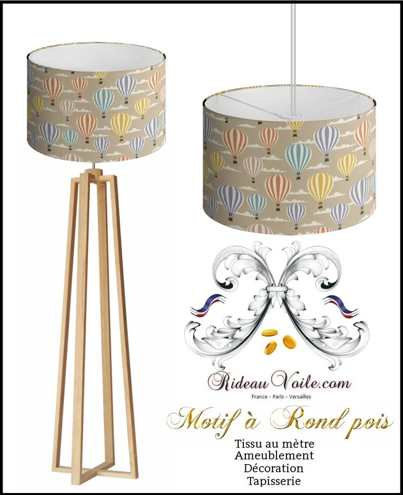 Tissu beige ameublement tapisserie mètre rideau voilage motif ballon montgolfière coton