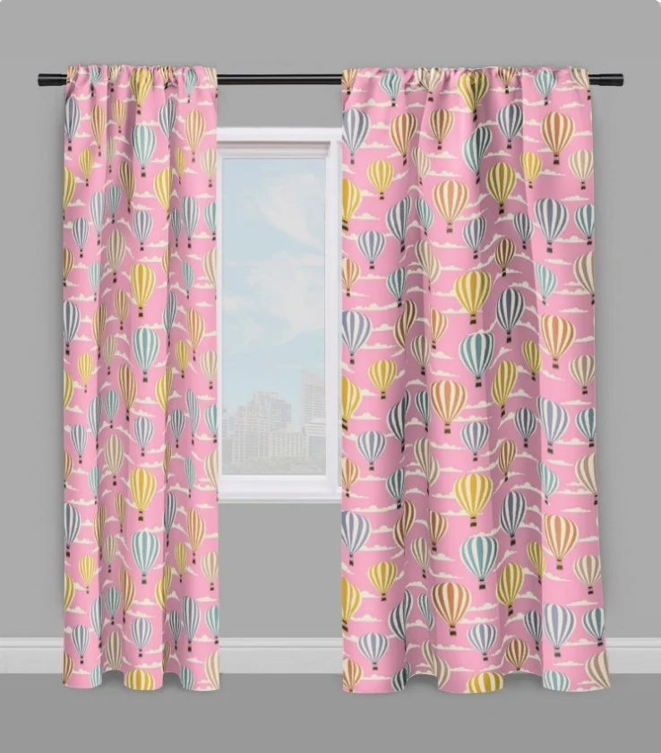 Tissu rose ameublement déco mètre rideau voilage motif ballon rond montgolfière