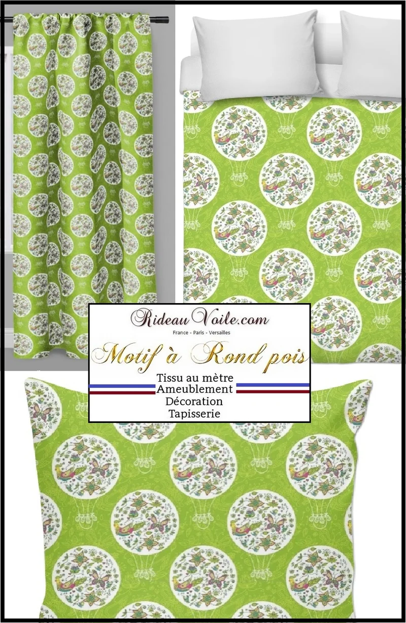 Tissu ameublement motif géométrique pois cercle vert déco enfant mètre rideau