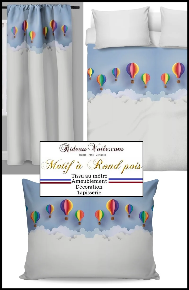 Tissu enfantin bébé ameublement motif ballon montgolfière mètre rideau couette tapisserie