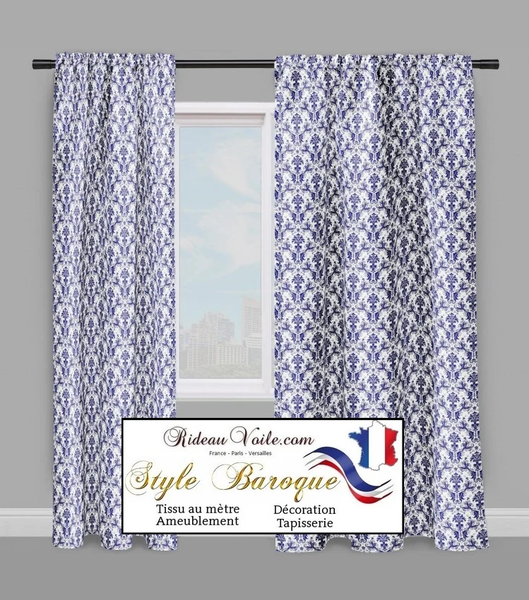 Boutique rideau voilage tissus ameublement motif Baroque mètre Damassé tapisserie bleu