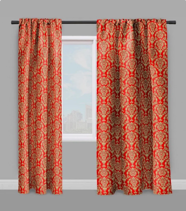 Tissu Imprimé Damassé rideaux voilages ameublement Baroque rouge or mètre tapisserie
