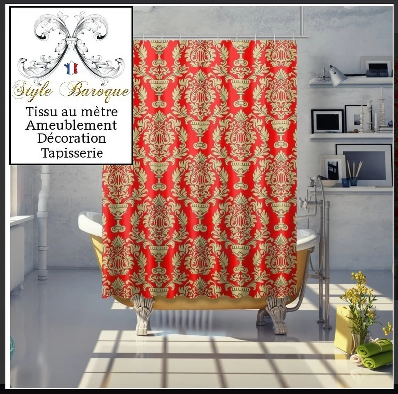 Tissu Imprimé Damassé rideaux voilages ameublement Baroque rouge or mètre tapisserie