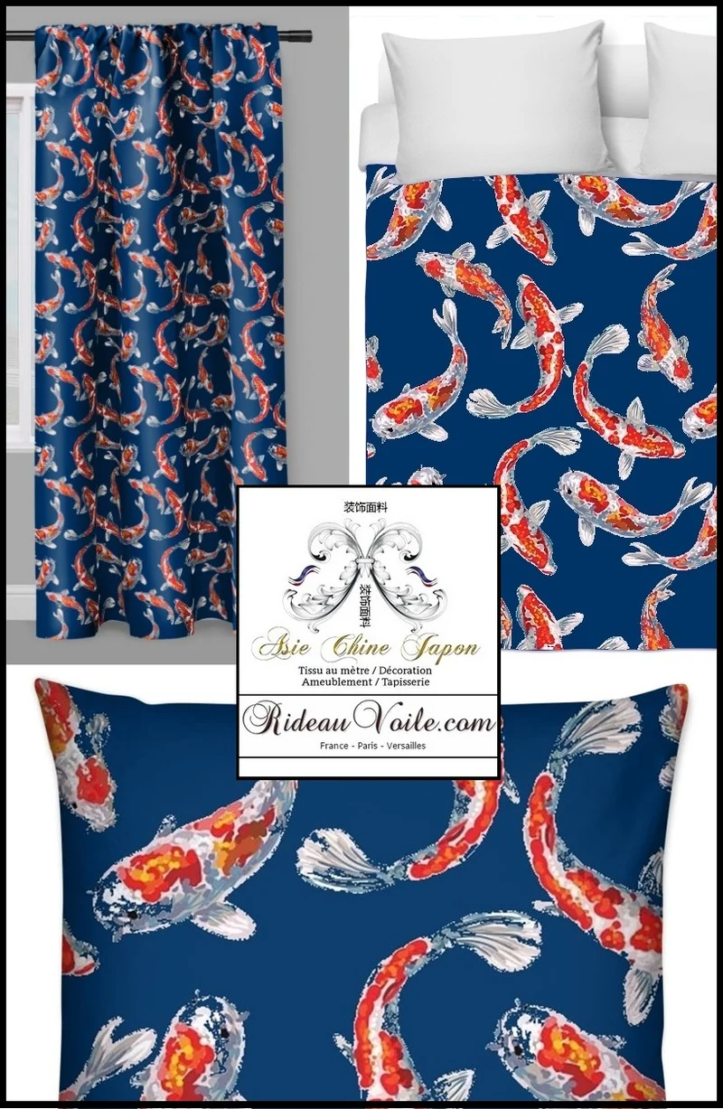 Tissu motif Asiatique rideau carpes poisson Fabric Japanese meter fish Koï pattern