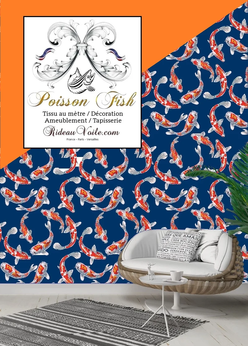 Tissu motif Asiatique rideau carpes poisson Fabric Japanese meter fish Koï pattern