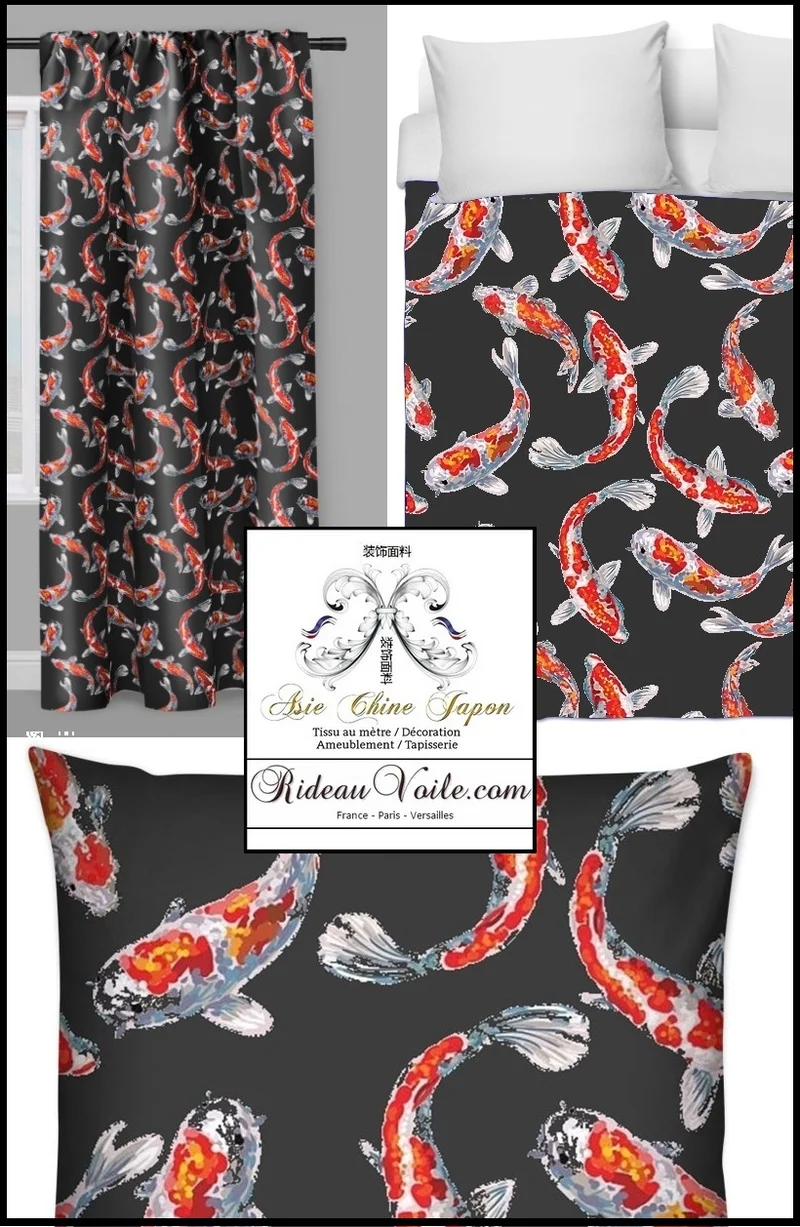 Tissu déco Japonais Asiatique rideau carpes poisson Fabric fish Koï pattern