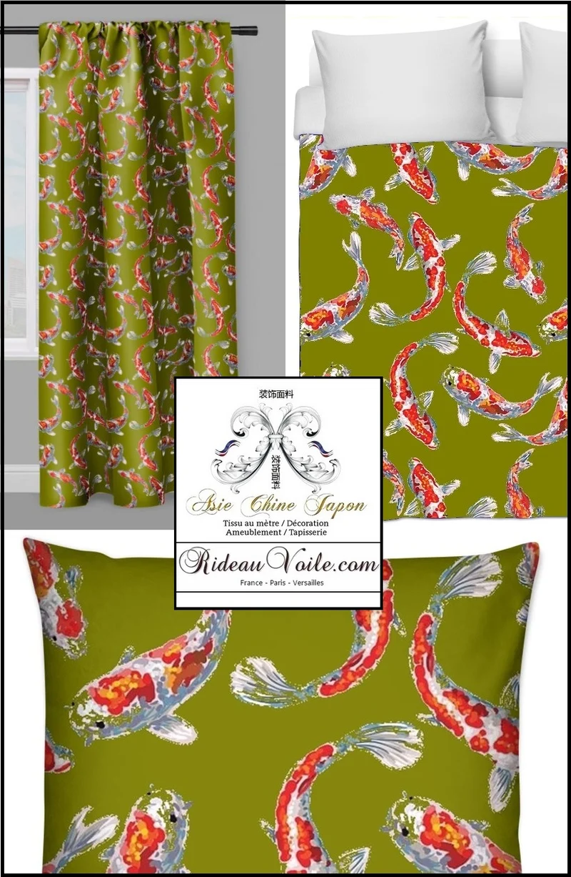 Fabric Japanese meter fish Koï pattern Tissu ameublement motif Asiatique rideau carpes poisson