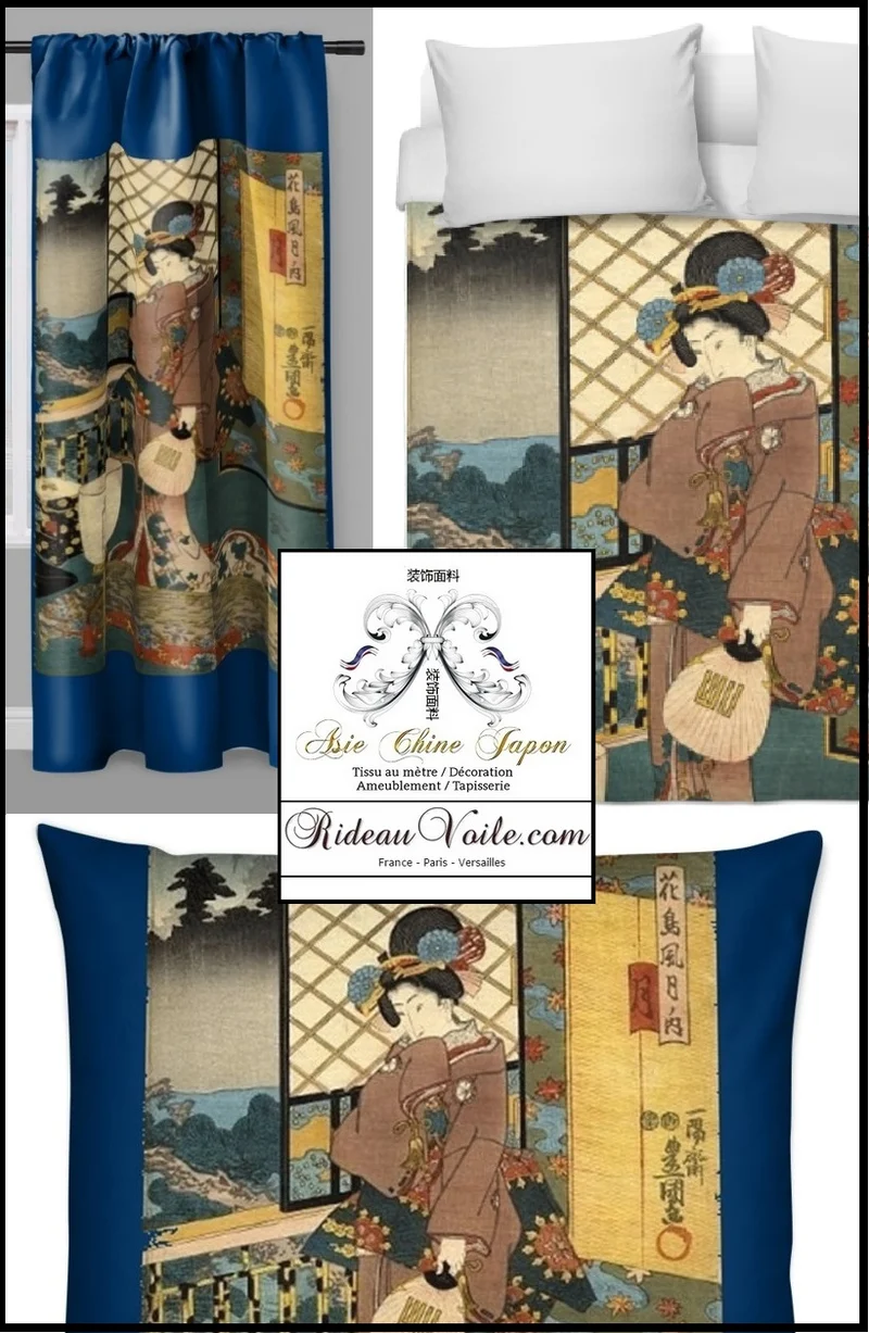 Fabric Japanese Asian meter Geisha pattern Tissu bleu ameublement motif Asiatique rideau