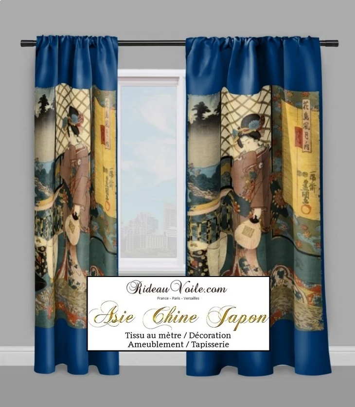 Fabric Japanese Asian meter Geisha pattern Tissu bleu ameublement motif Asiatique rideau
