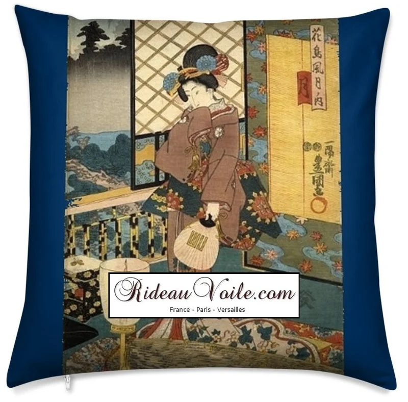 Fabric Japanese Asian meter Geisha pattern Tissu bleu ameublement motif Asiatique rideau