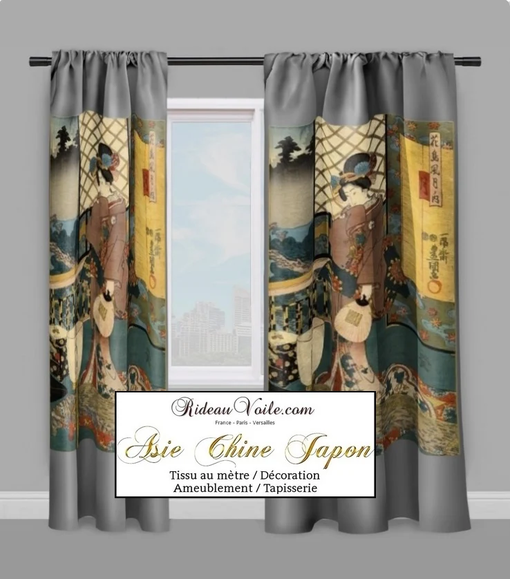 Fabrics upholstery Japanese decorating Asian meter Geisha pattern Estampes drapes - Tissu motif Asiatique