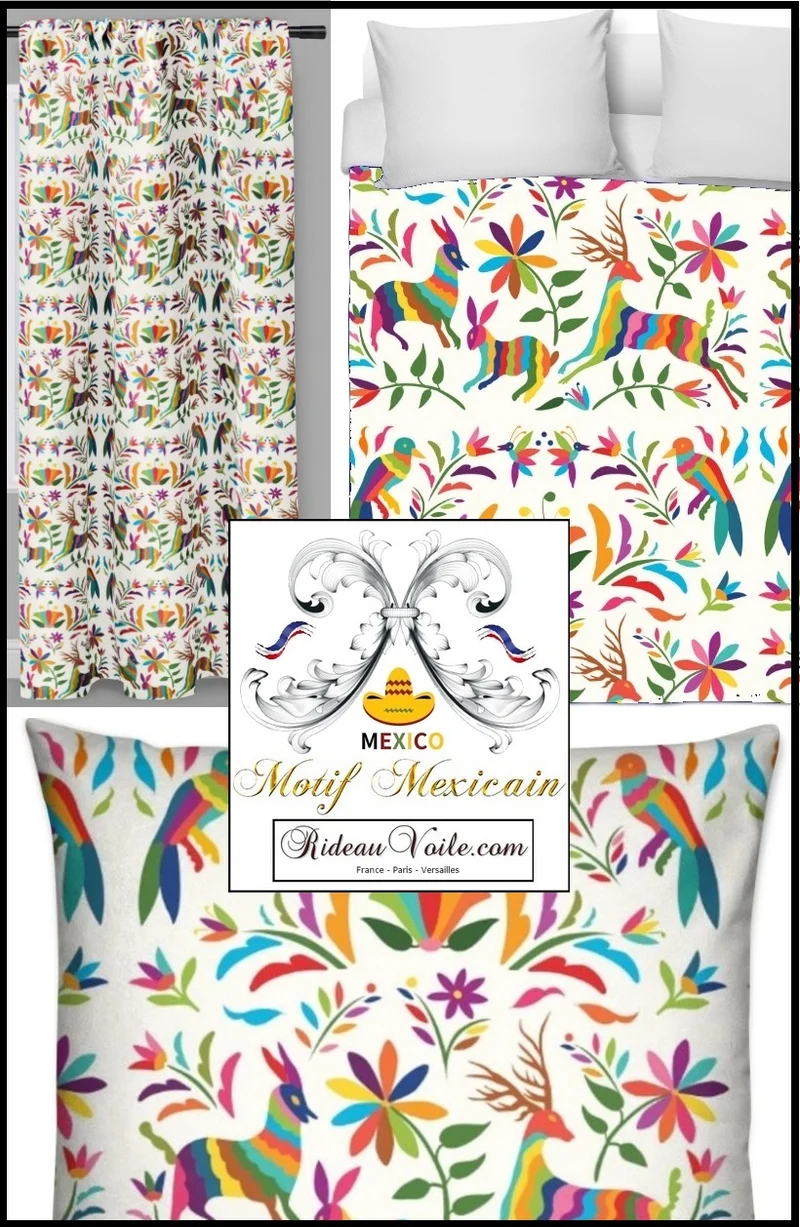 Tissu motif Otomi mexicain rideau voilage couette Mexican otomi fabric meter home decor Birds Goat Horse