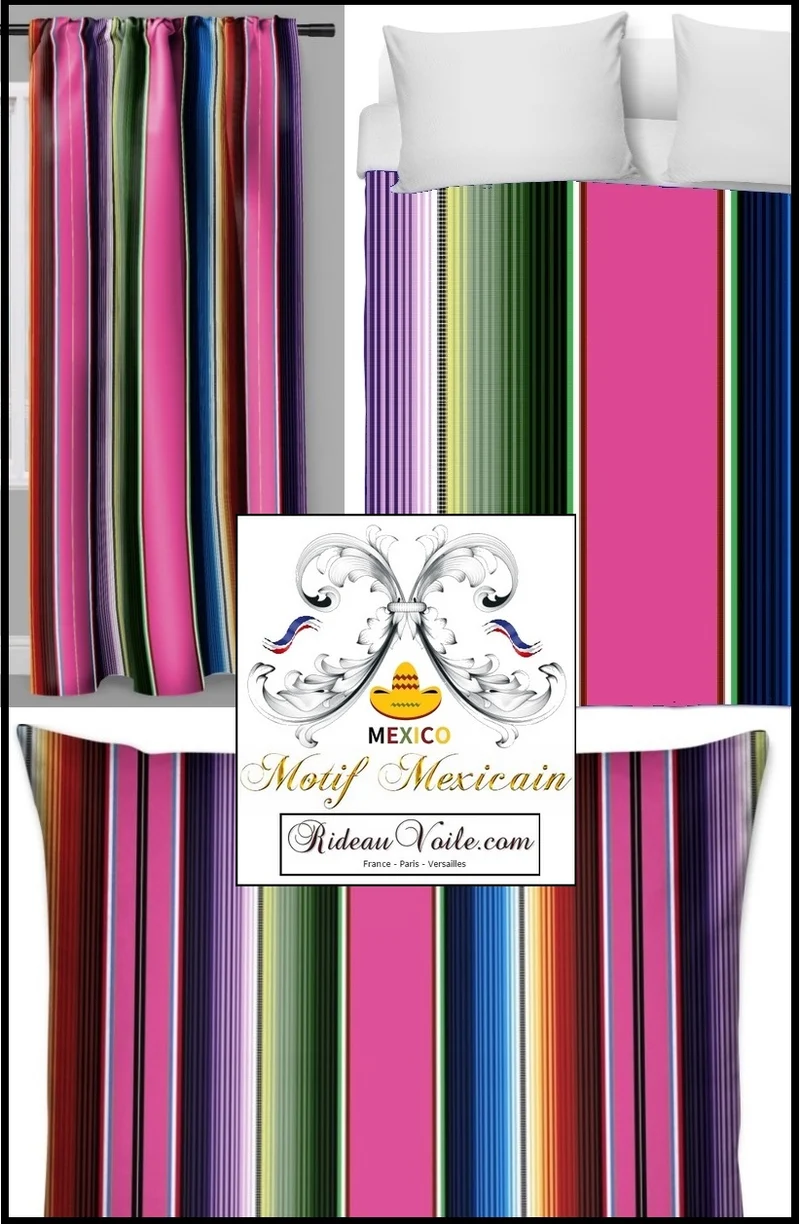 Rideau sur mesure voilage tissu imprimé motif rayures mexicain mètre déco intérieur