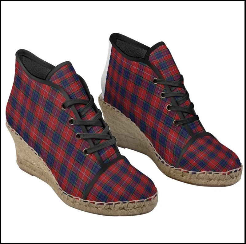Espadrille chaussure femme talon compensé tissu toile motif carreaux tartan écossais rouge bleu