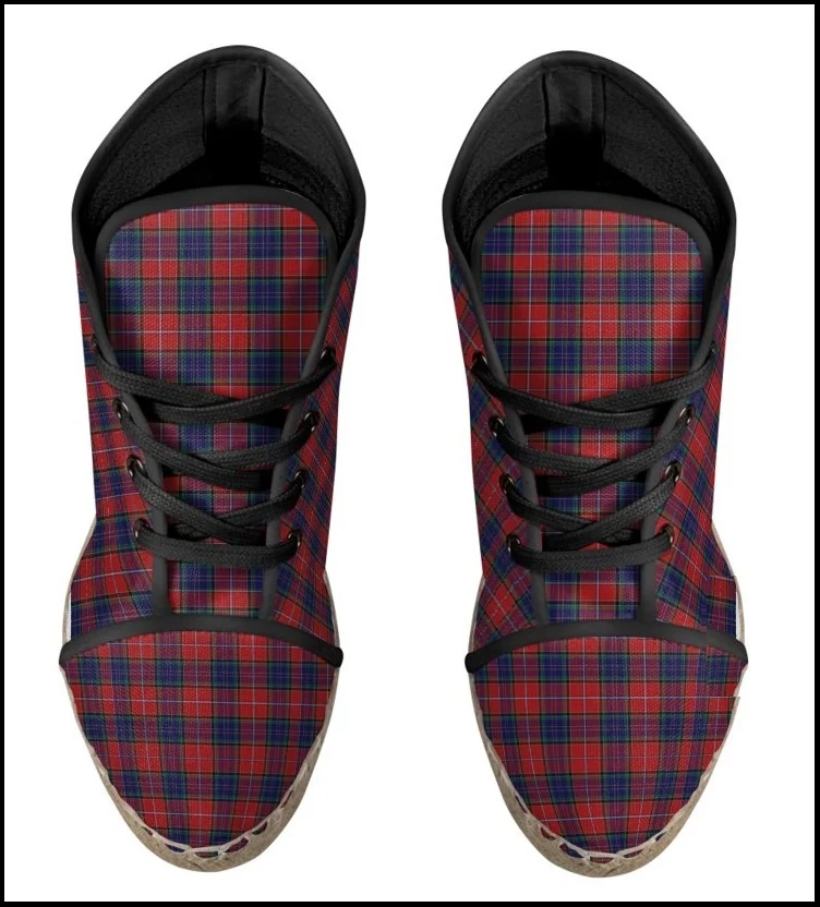 Espadrille chaussure femme talon compensé tissu toile motif carreaux tartan écossais rouge bleu