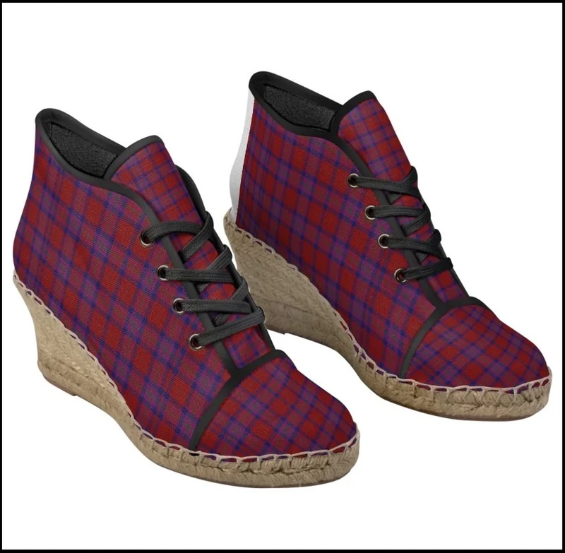 Chaussure femme espadrille talon compensé tissu toile motif carreaux tartan écossais rouge