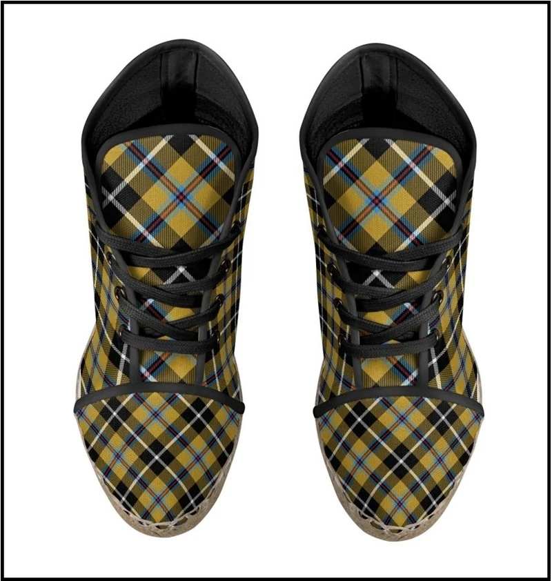 Espadrille chaussure femme compensée tissu toile motif carreaux tartan écossais jaune noir