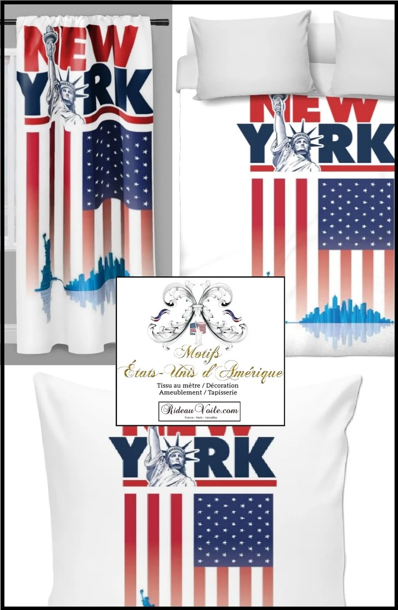 Tissu ameublement tapisserie mètre motif imprimé USA Statue Liberté voyage New York City