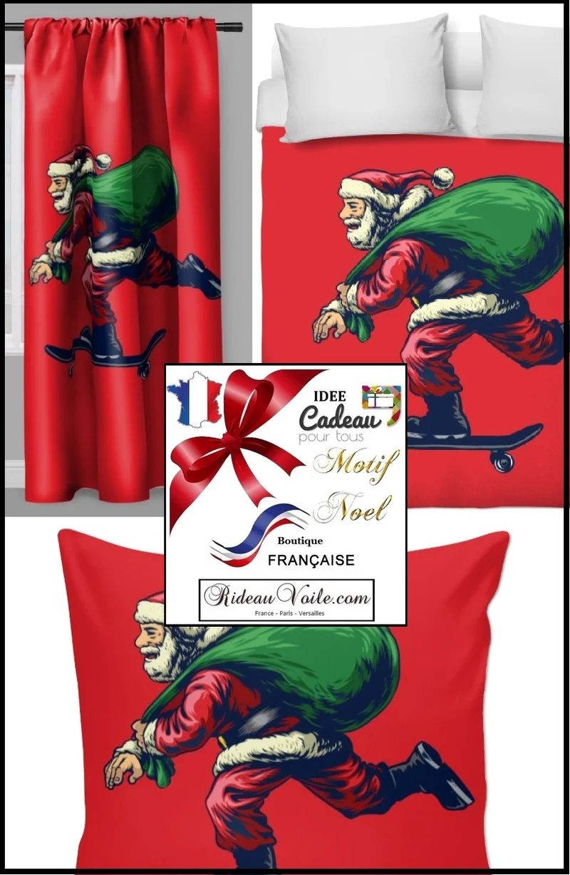 Tissu mètre motif imprimé Père Noel en skate rideau occultant couette sur mesure