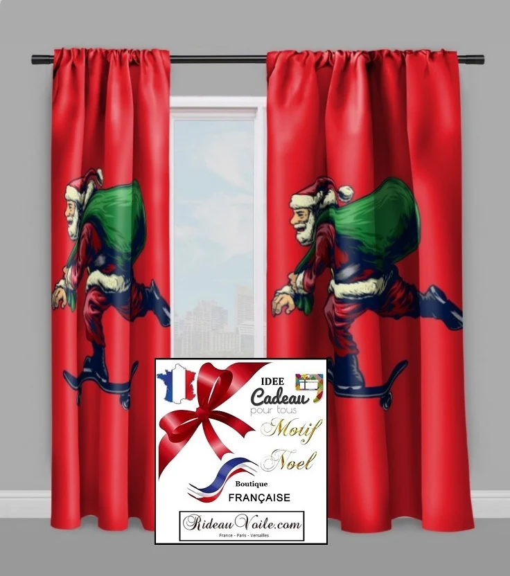 Tissu mètre motif imprimé Père Noel en skate rideau occultant couette sur mesure