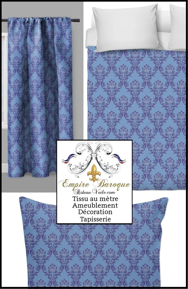 Tissu ameublement au mètre rideau déco Baroque tapisserie motif Damasco bleu