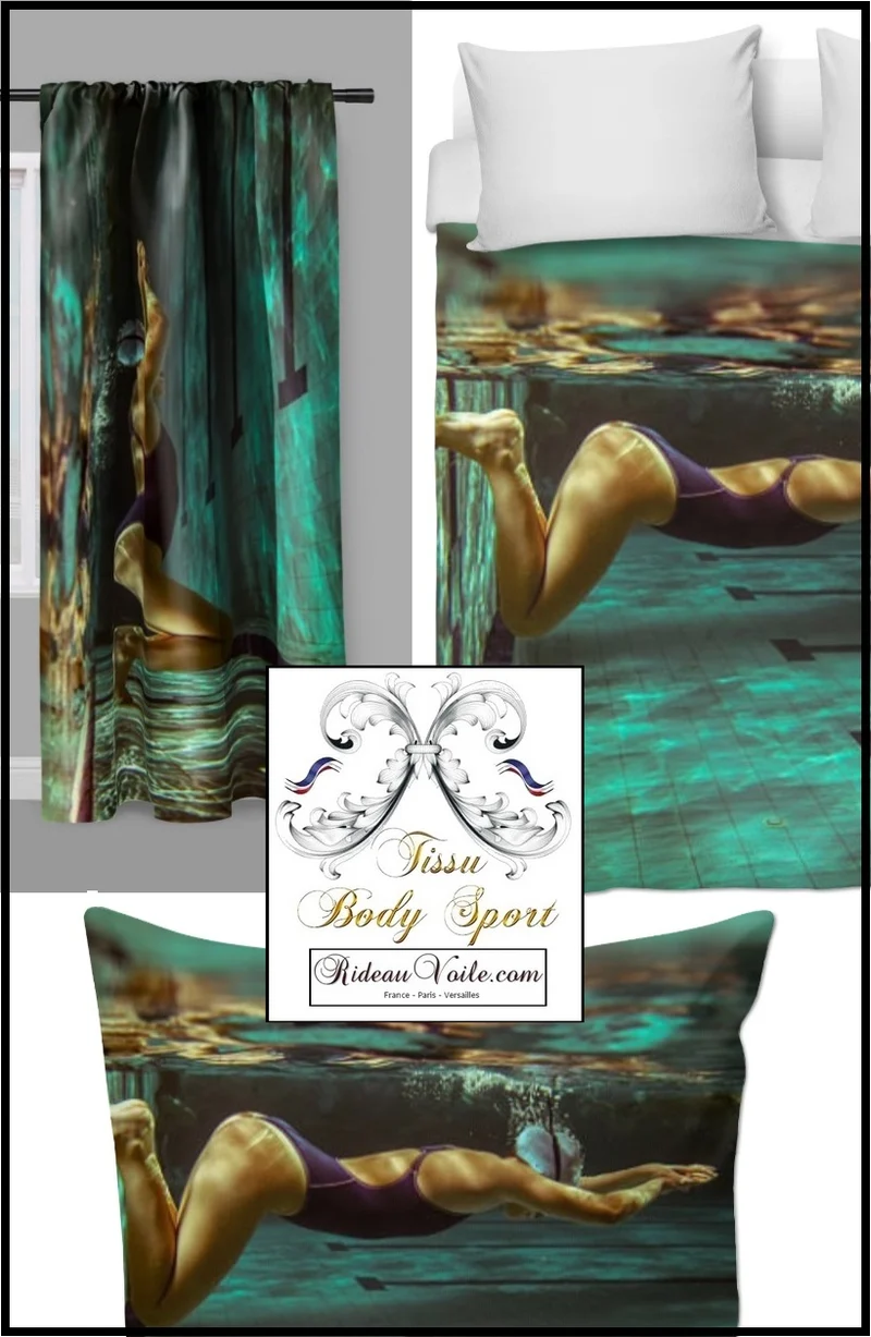Tissu au mètre motif imprimé sport rideau couette club natation nageuse piscine