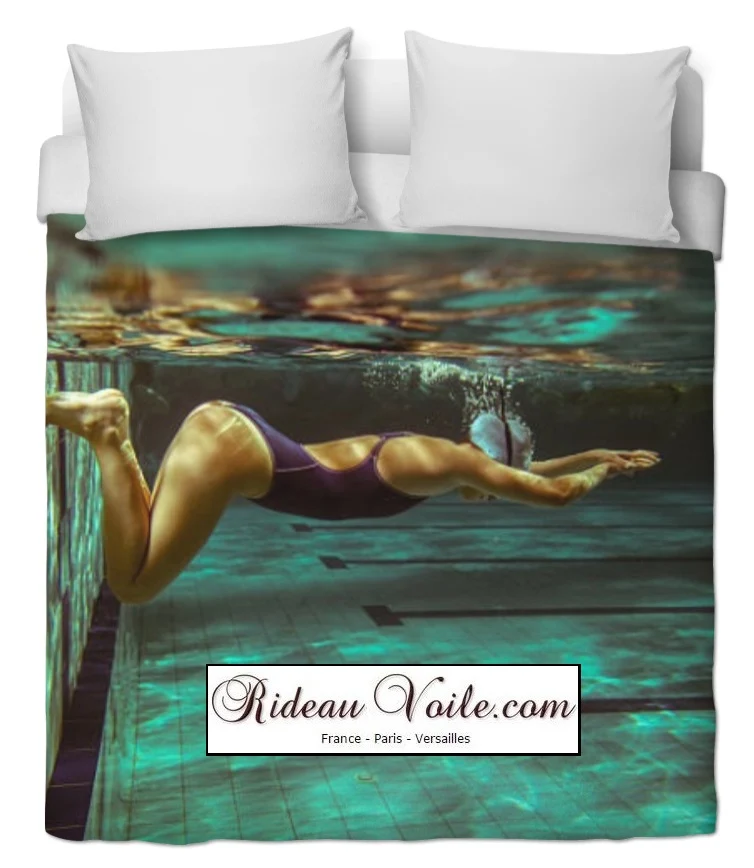 Tissu au mètre motif imprimé sport rideau couette club natation nageuse piscine