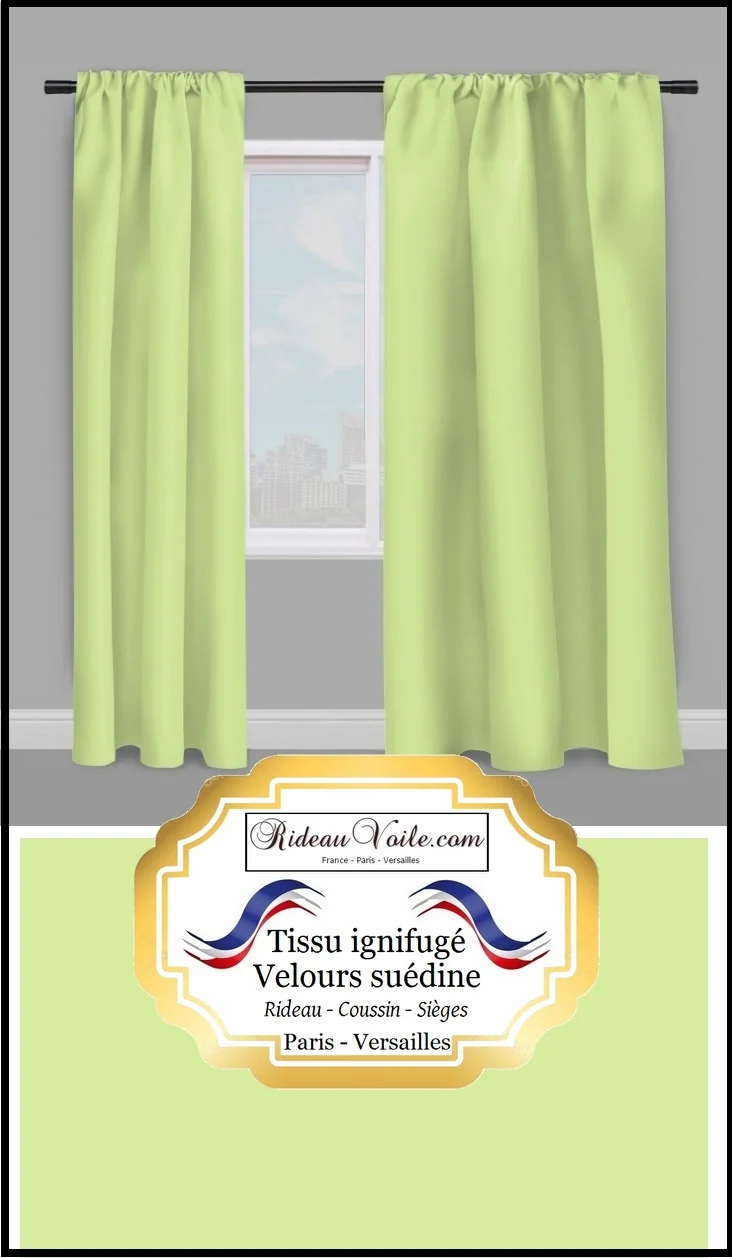 Tissu Velours vert tilleul suédine ameublement ignifugé non feu M1 rideau tapisserie