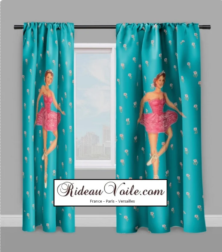 Tissu bleu turquoise mètre motif danseuse étoile couette rideau voilage fleuri