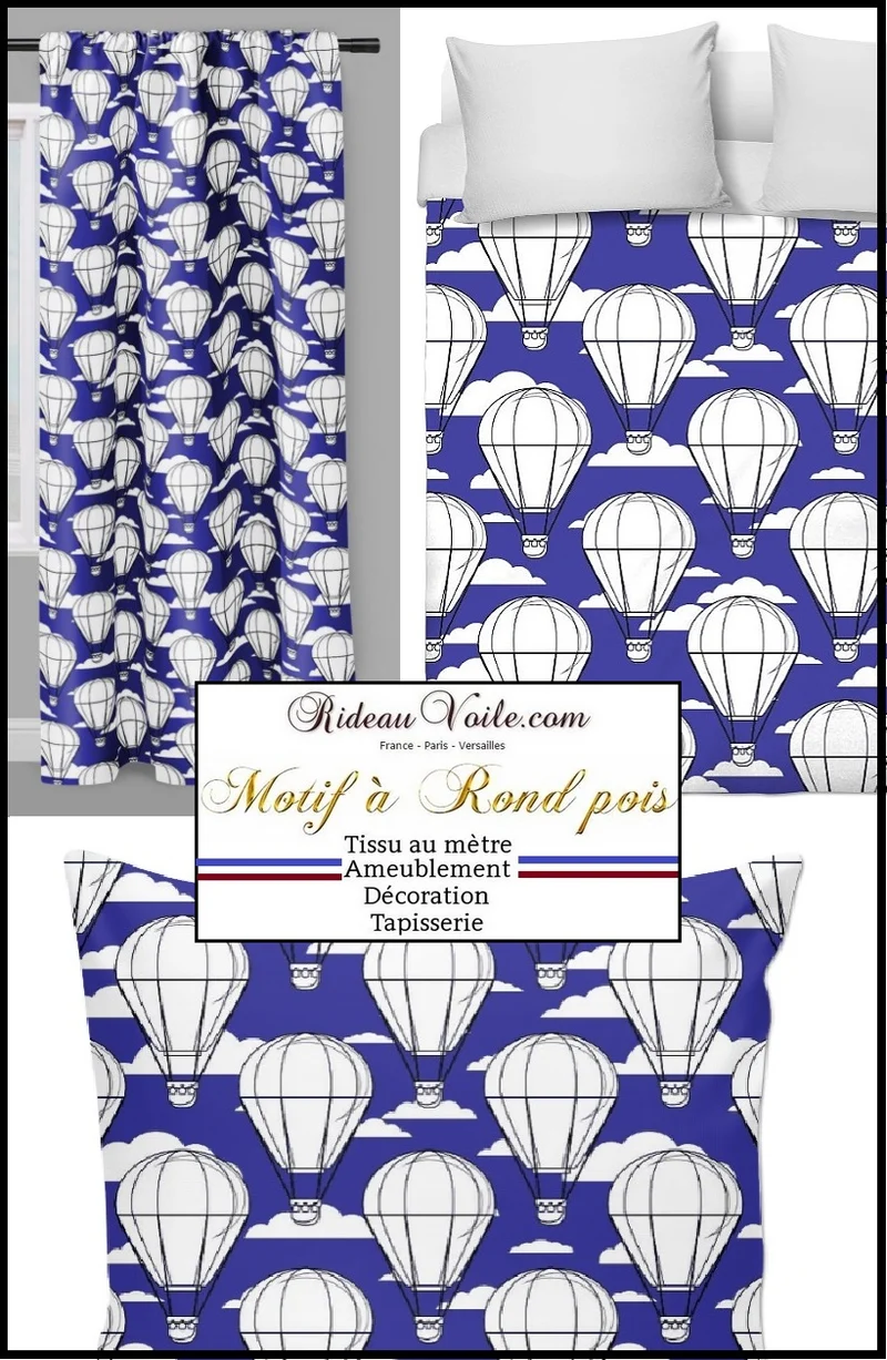 Tissu chambre motif pois rond montgolfière mètre rideau housse couette enfant déco