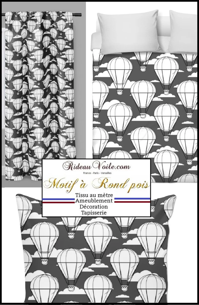 Tissu enfant déco chambre motif pois rond montgolfière mètre rideau housse couette
