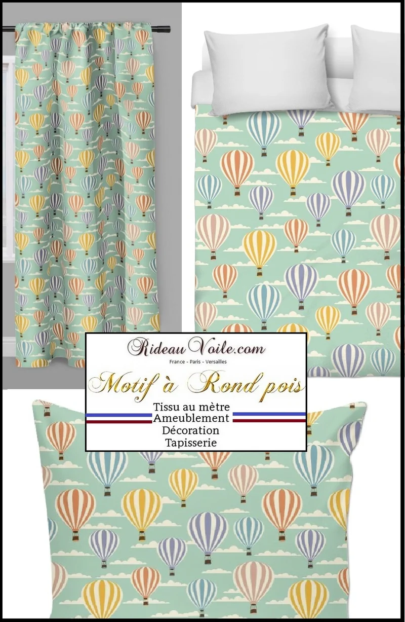 Tissu ameublement motif pois rond montgolfière mètre rideau housse couette enfant
