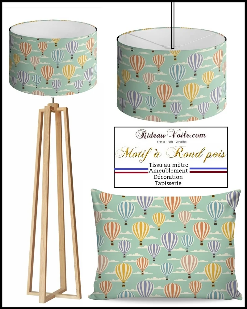 Tissu ameublement motif pois rond montgolfière mètre rideau housse couette enfant