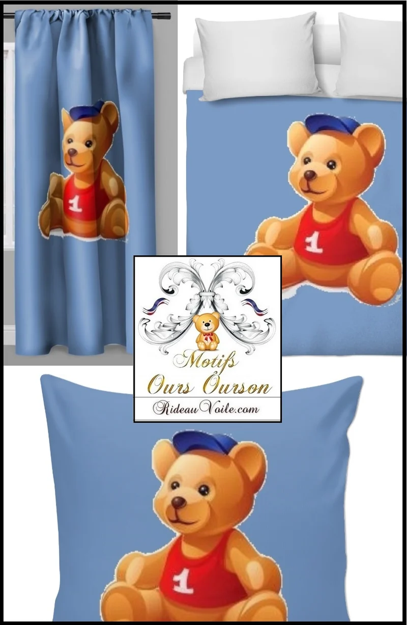 Agencement déco chambre bébé enfant tissu mètre rideau couette imprimé ourson