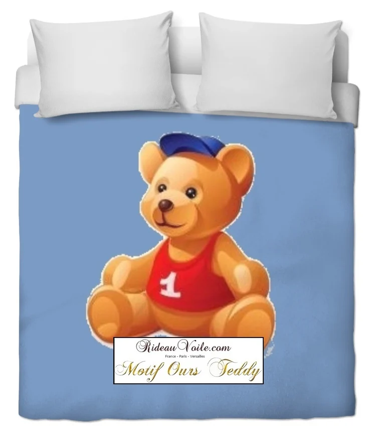 Agencement déco chambre bébé enfant tissu mètre rideau couette imprimé ourson