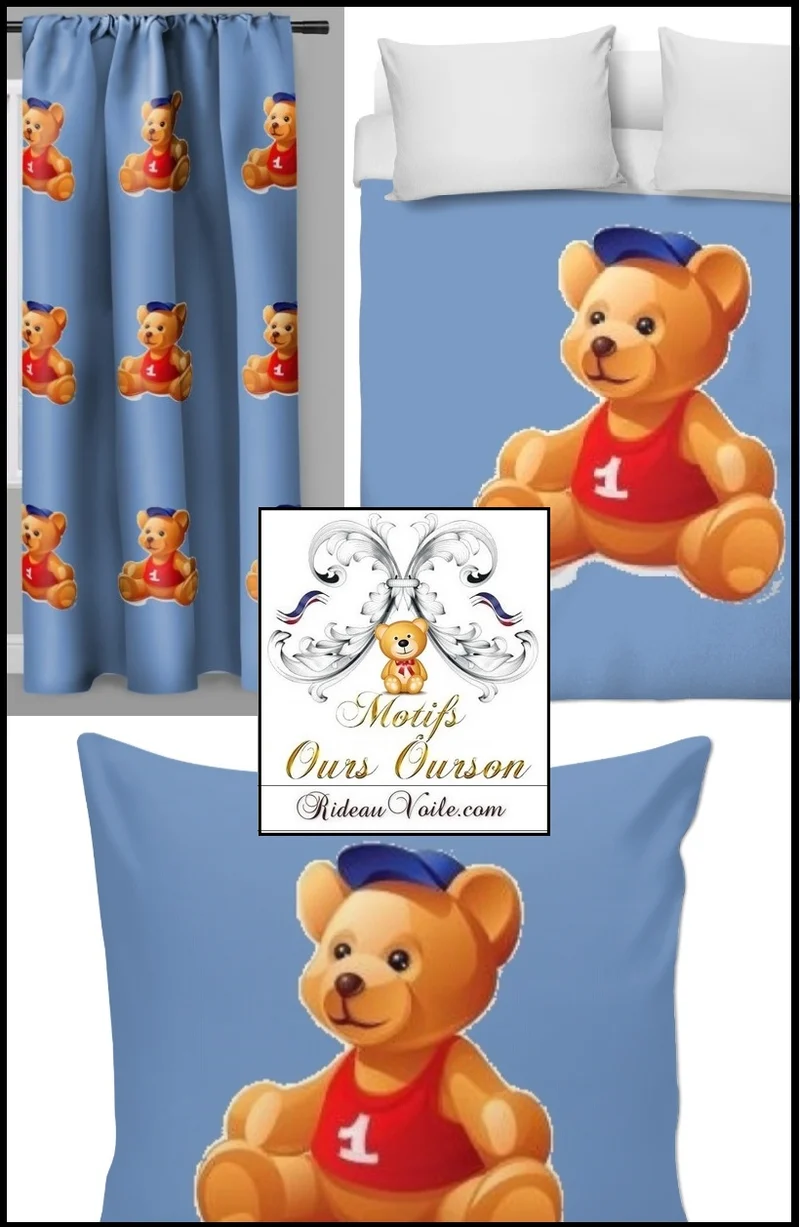 Agencement déco chambre enfant bébé tissu mètre rideau couette motif animal ourson
