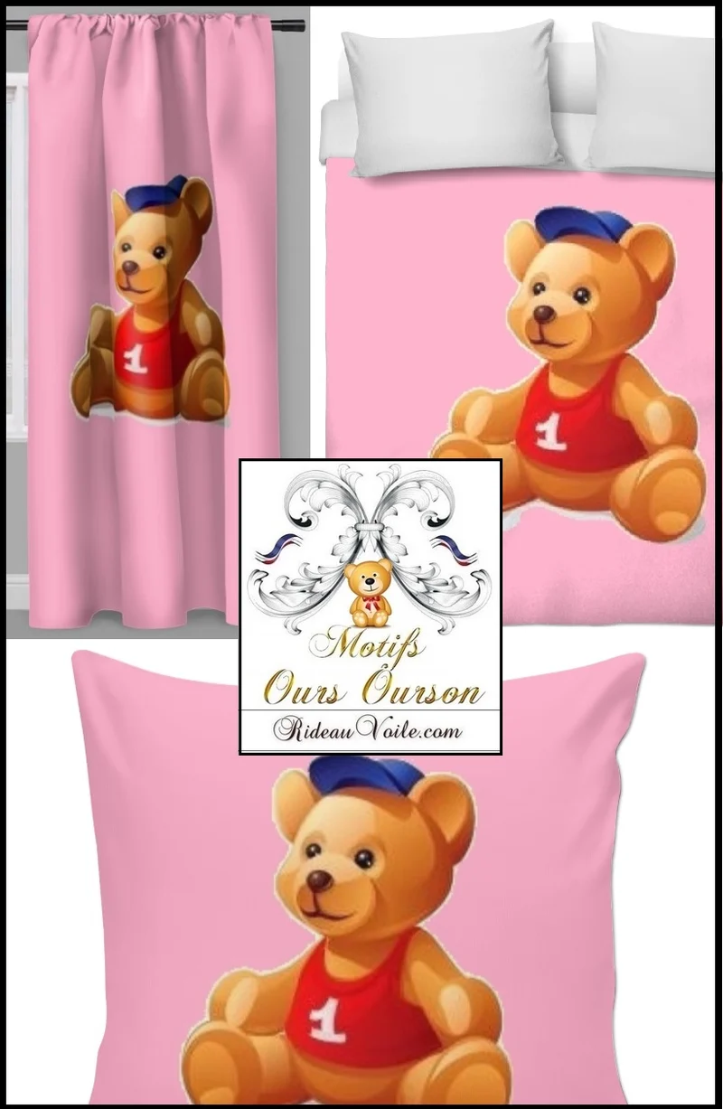 Design pour chambre enfant bébé décoration tissu mètre rideau couette motif ourson