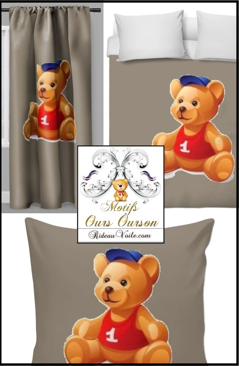 Design chambre enfant bébé décoration tissu mètre rideau couette motif ours