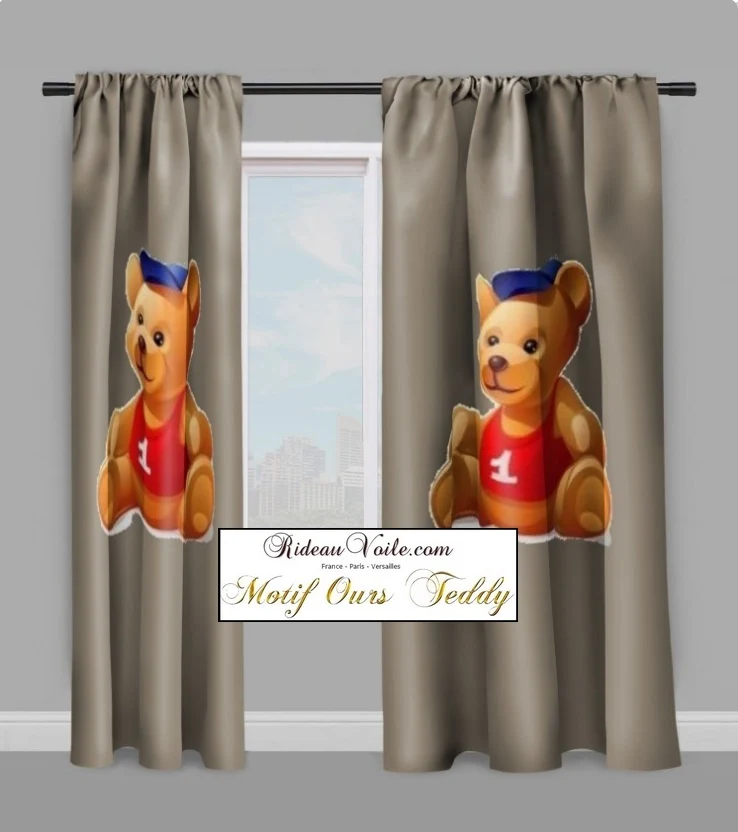 Design chambre enfant bébé décoration tissu mètre rideau couette motif ours